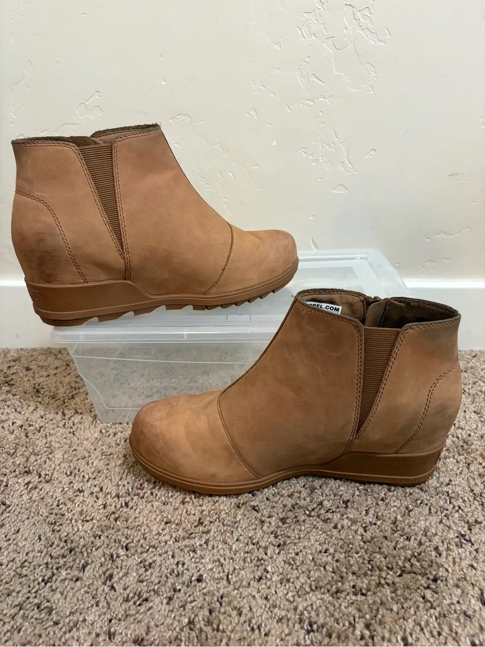 Sorel Women's Evie Zip Leather Boot Rain Boots Wedges Tan Brown Size 9.5
